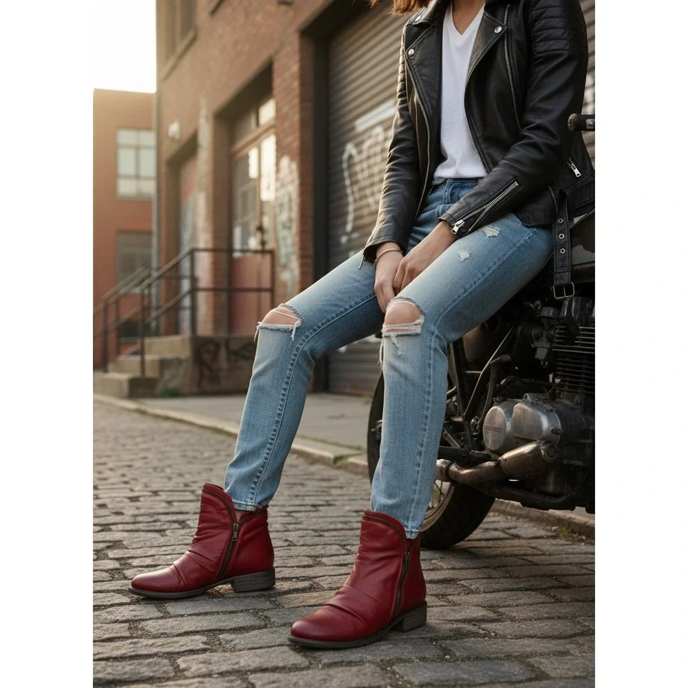 Miz Mooz Luna Ankle Boots Womens 8.5 Red Antique Leather Ruched Zippers‎